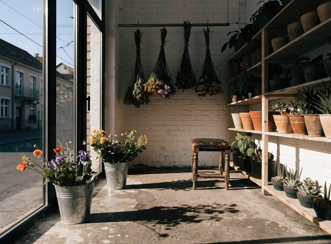 Blumenladen mit Zinkeimern, hängenden Trockenblumen und Keramik auf Holzregalen